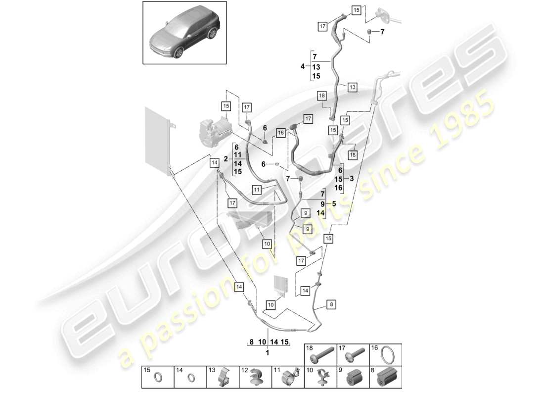 porsche 2024 (cayenne e3 9ya/9yb) kältemittelkreislauf r4 r1234yf kühlmittel für fahrzeuge mit hybridantrieb ersatzteilzeichnung