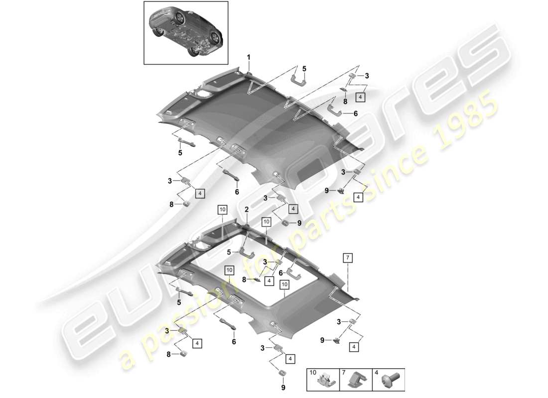 porsche 2024 (cayenne e3 9ya/9yb) dachverkleidung und zubehör coupé-teilediagramm