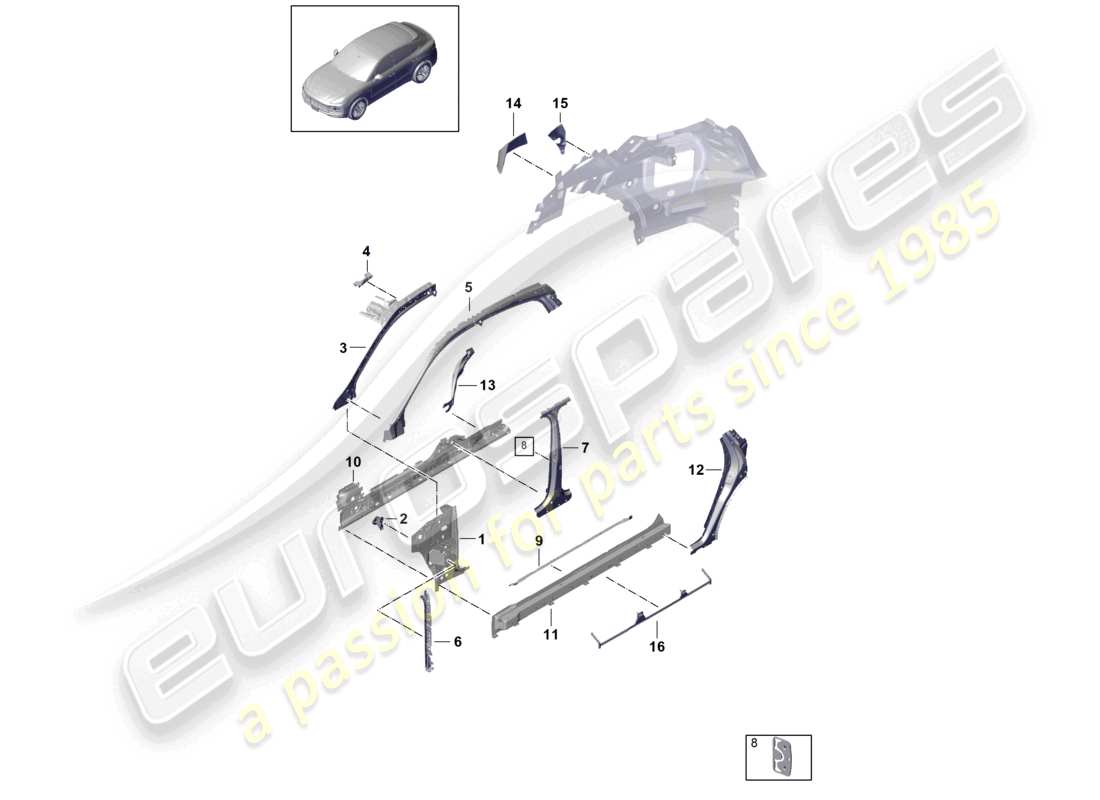porsche 2024 (cayenne e3 9ya/9yb) seitenteil vorne, innen coupé teilediagramm