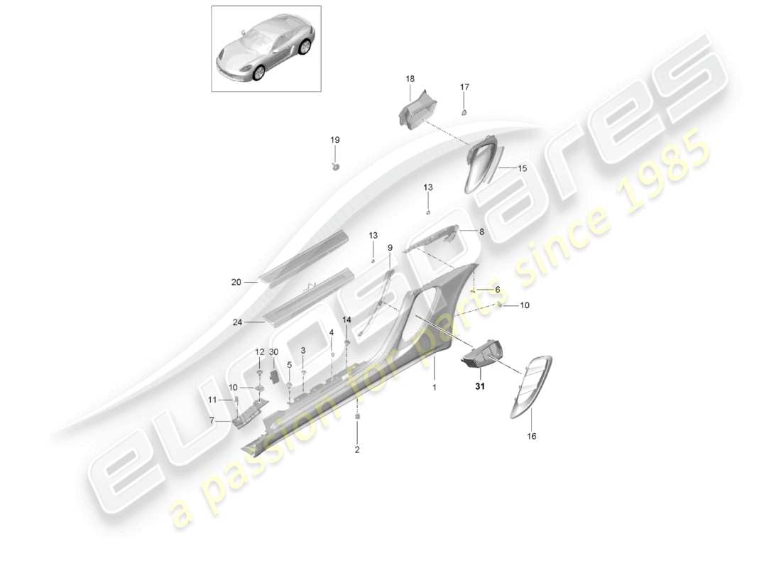 porsche 2021 (718 cayman) seitenteilverkleidung und luftführung motorraum teilediagramm