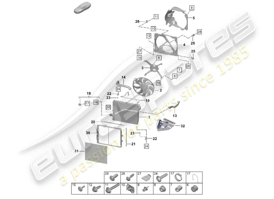 porsche 2024 (992-2) kühler für kühlmittel vorne kühlerlüfter teilediagramm
