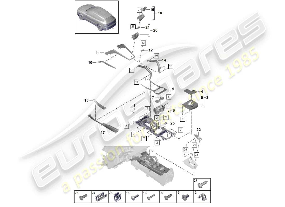 porsche 2023 (cayenne e3 9ya/9yb) mittelkonsole oben teilediagramm