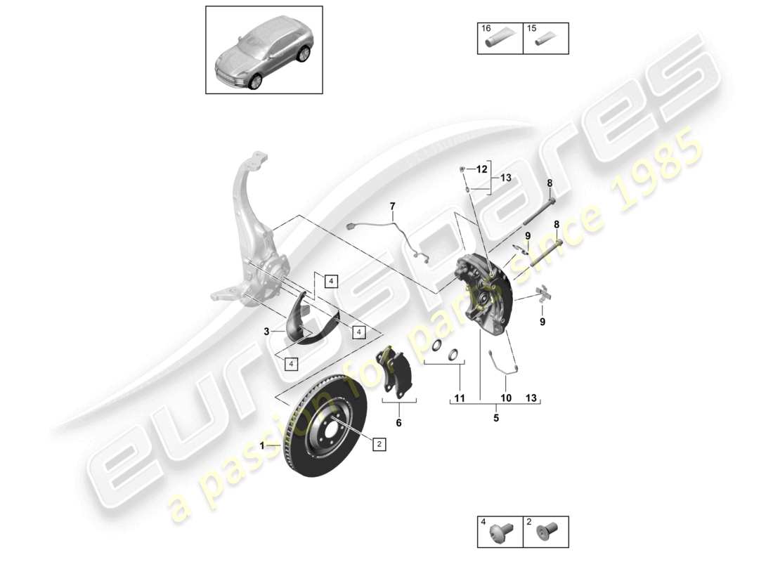 porsche 2021 (macan) scheibenbremse vorderachse gelb d - mj 2022>> ersatzteildiagramm