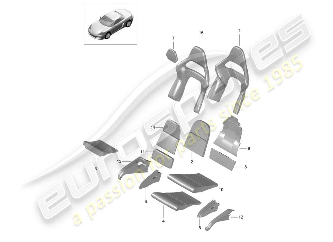 porsche 2022 (718 boxster) schaumstoffteil klappsitzbezug sitz- und rückenfläche schalensitz teilediagramm