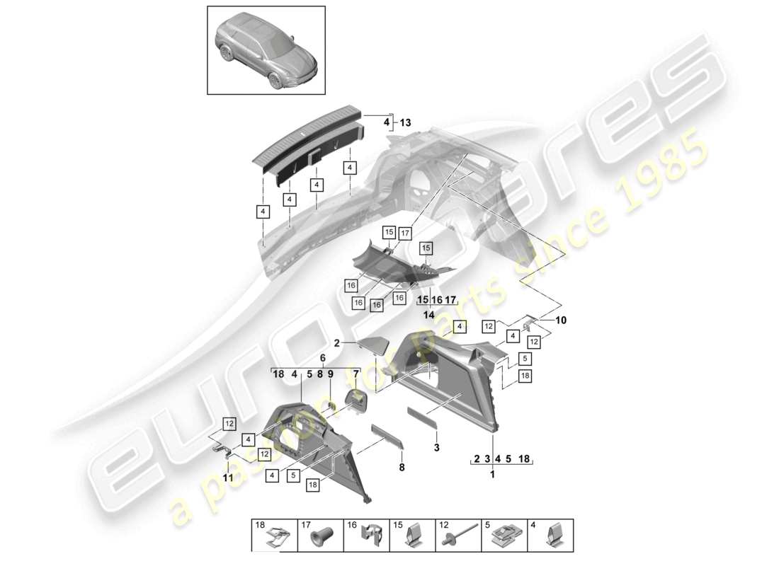 porsche 2024 (cayenne e3 9ya/9yb) kofferraumverkleidung seitliche d-säulenverkleidung teilediagramm