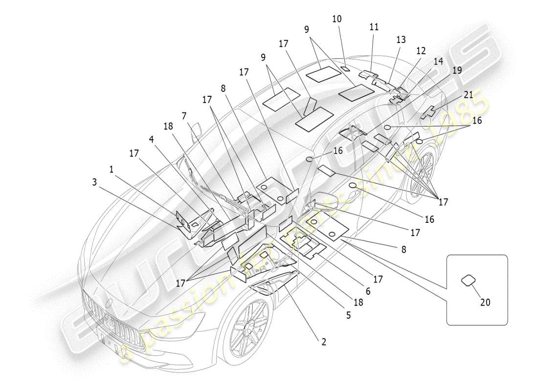 maserati ghibli (2021) schalldämmplatten im fahrzeuginnenraum teilediagramm