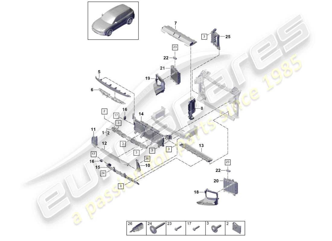 porsche 2022 (cayenne e3 9ya/9yb) luftführungsfront und lamellengehäuse teilediagramm
