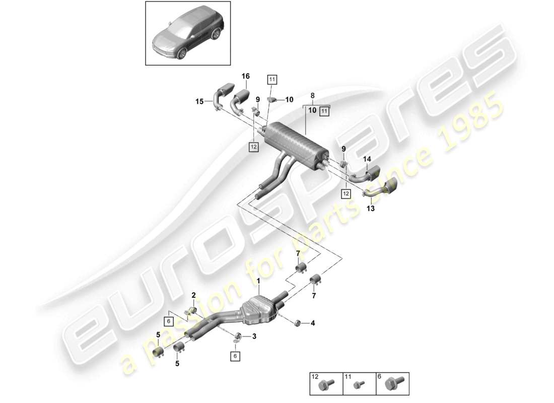 porsche 2022 (cayenne e3 9ya/9yb) abgasanlage vorschalldämpfer nachschalldämpfer endrohr teilediagramm