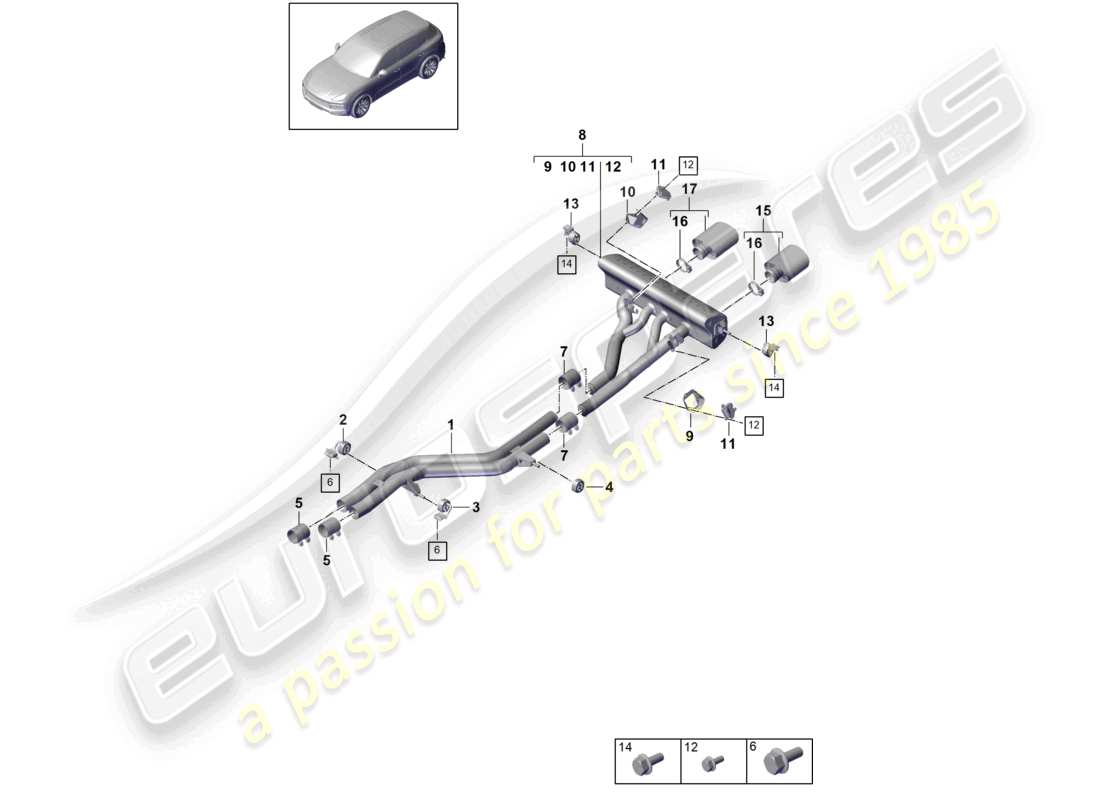 porsche 2022 (cayenne e3 9ya/9yb) auspuffanlage sportversion titan vorschalldämpfer endschalldämpfer endrohr teilediagramm