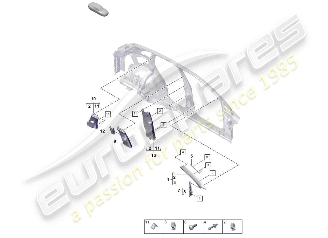porsche 2025 (cayenne e3 pa) verkleidung obere a-säule b-säule c-säule verkleidung und deformationselement teilediagramm