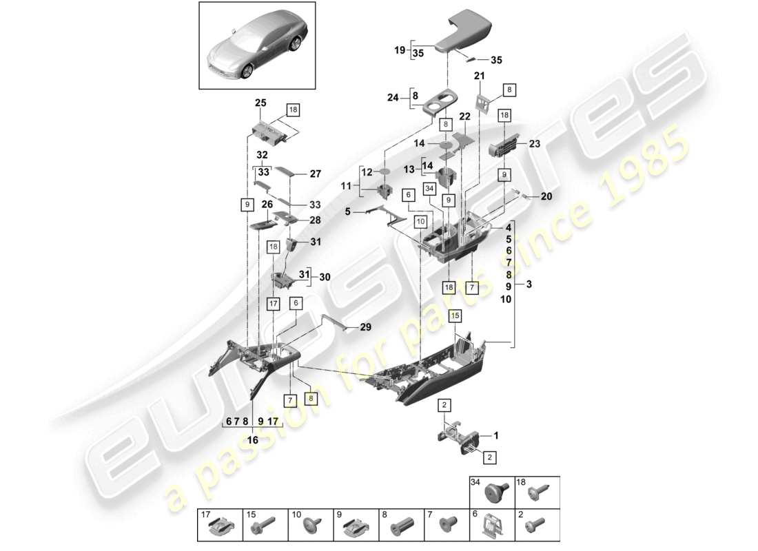 porsche 2021 (panamera 971-1) teilediagramm der vorderen mittelkonsole