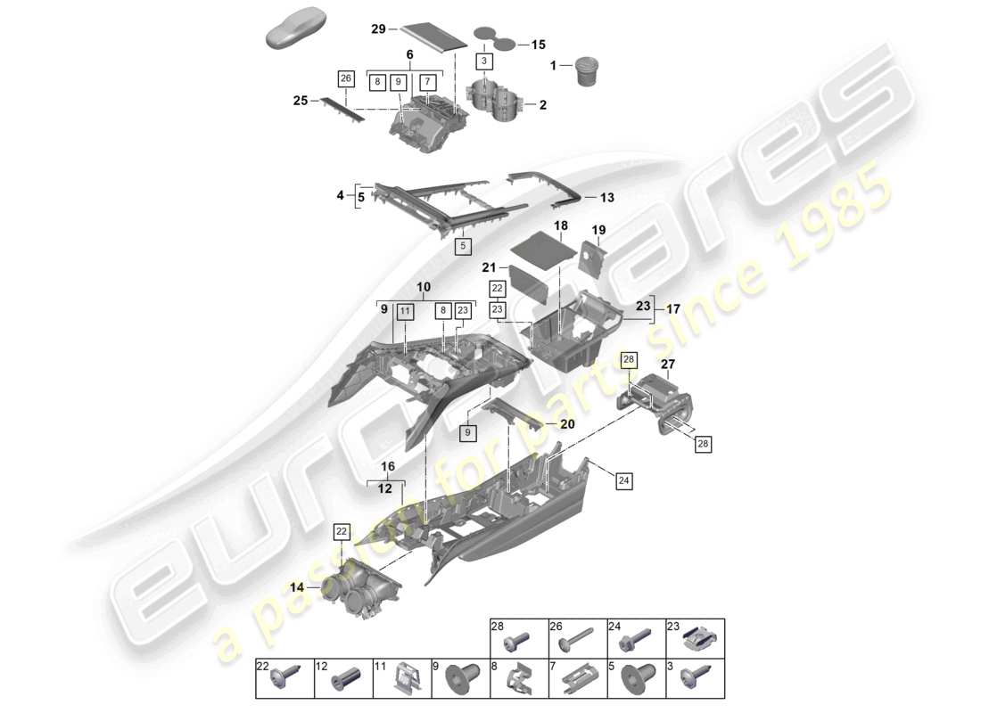 porsche 2025 (panamera 976) teilediagramm der vorderen mittelkonsole