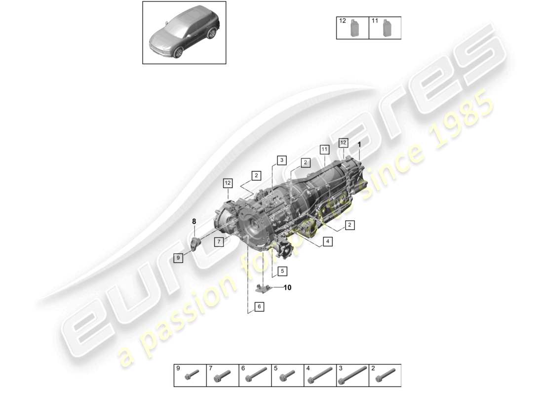 porsche 2022 (cayenne e3 9ya/9yb) 8-speed automatikgetriebe für fahrzeuge mit hybridantrieb anbauteile für motor und getriebe teilediagramm