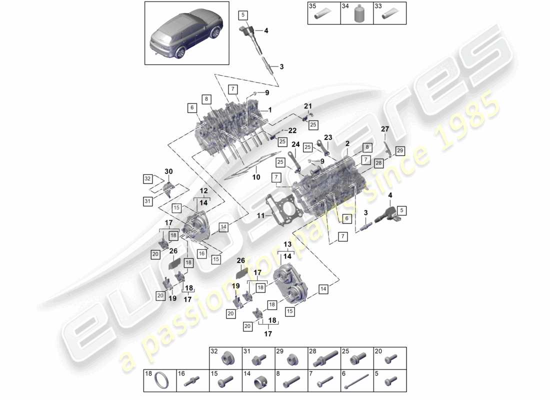 porsche 2024 (cayenne e3 9ya/9yb) zylinderkopf teilediagramm