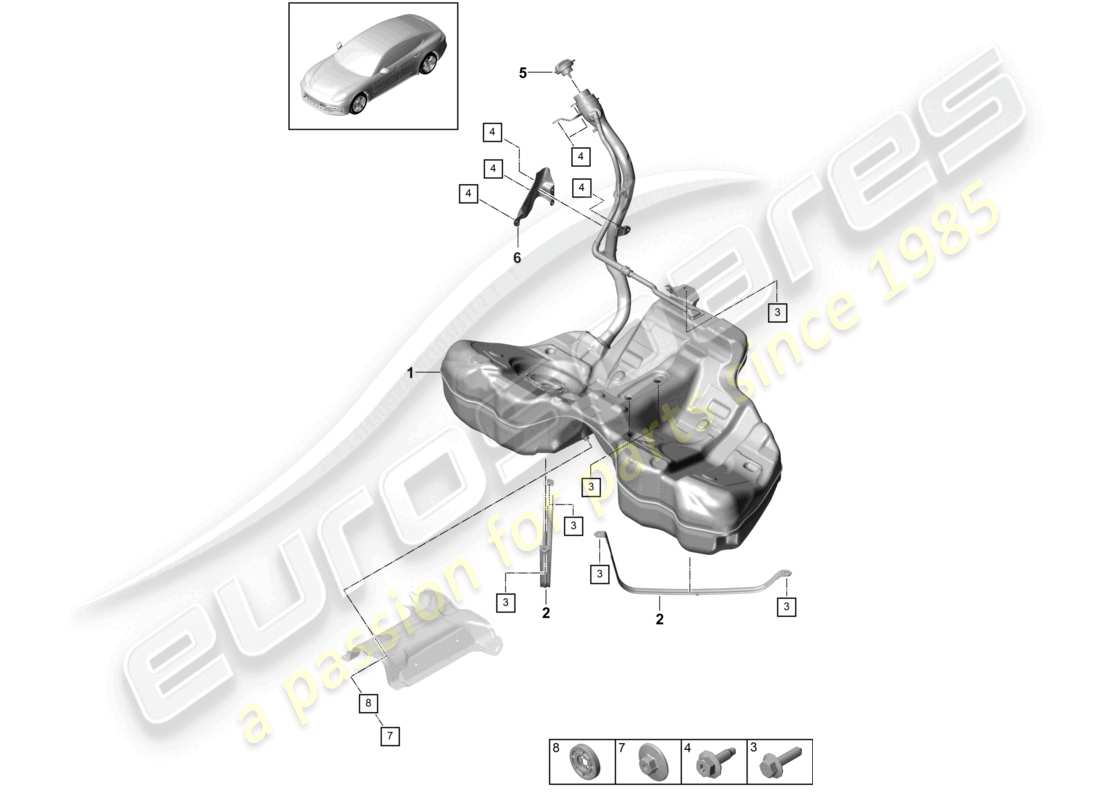 porsche 2021 (panamera 971-1) kraftstofftank mit anbauteilen ersatzteildiagramm