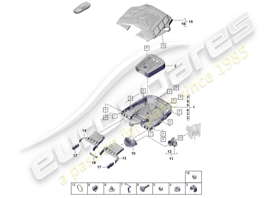 porsche 2025 (cayenne e3 pa) luftfilter mit anschlussteilen motorabdeckung teilediagramm