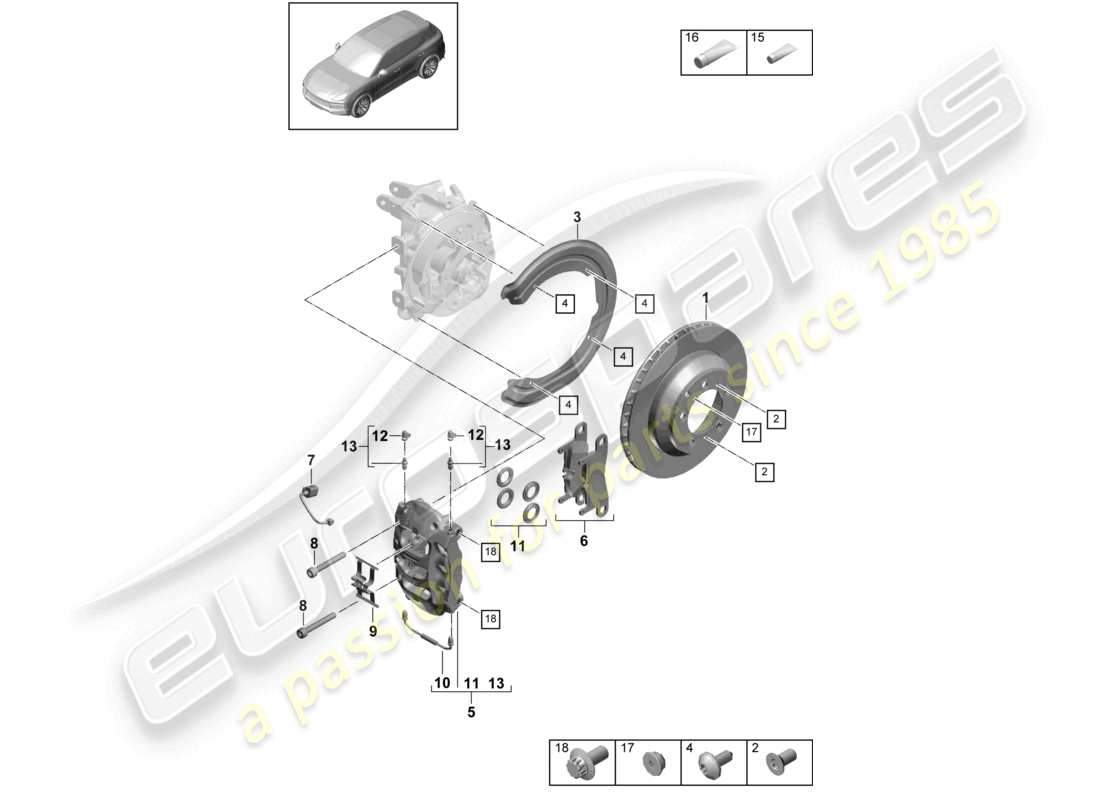 porsche 2023 (cayenne e3 9ya/9yb) scheibenbremse 18 hinterachse silber ersatzteilzeichnung