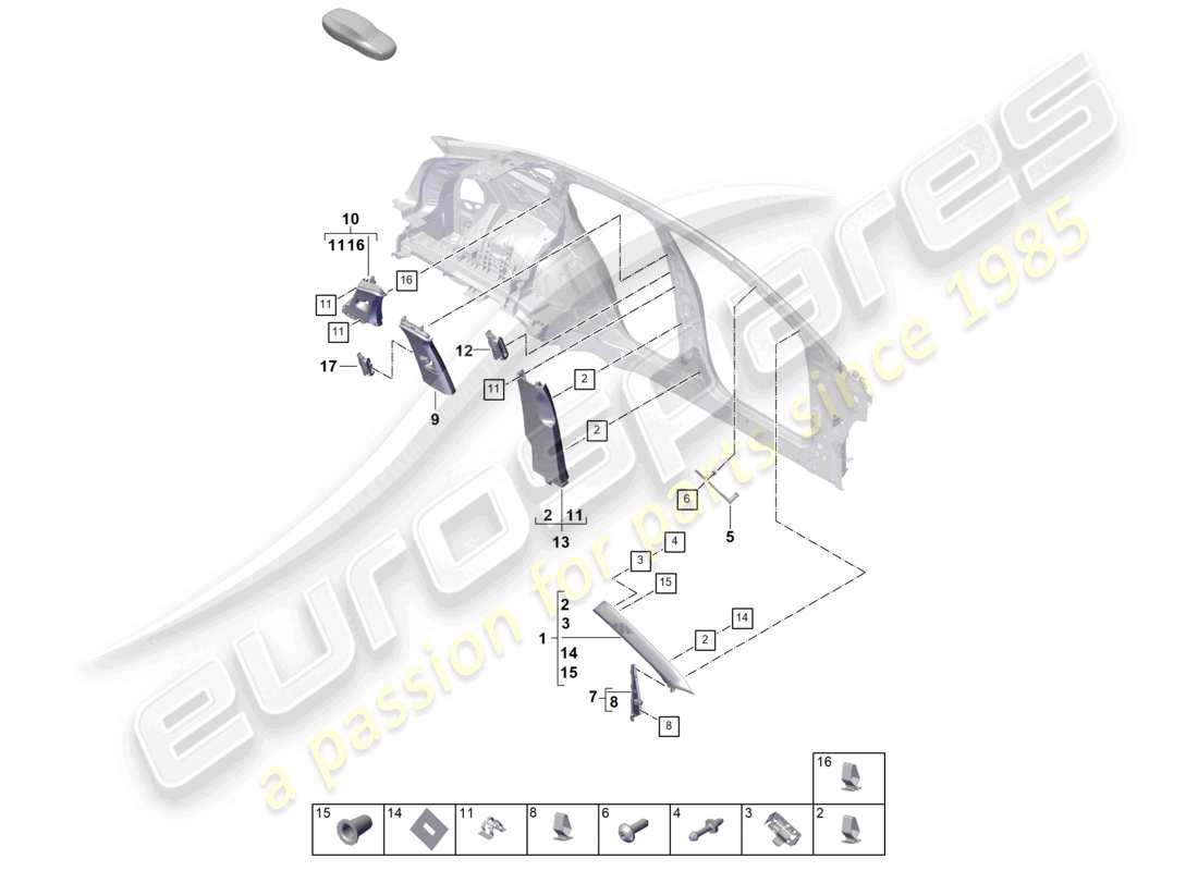 porsche 2025 (cayenne e3 pa) verkleidung obere a-säule b-säule c-säule verkleidung und deformationselement teilediagramm