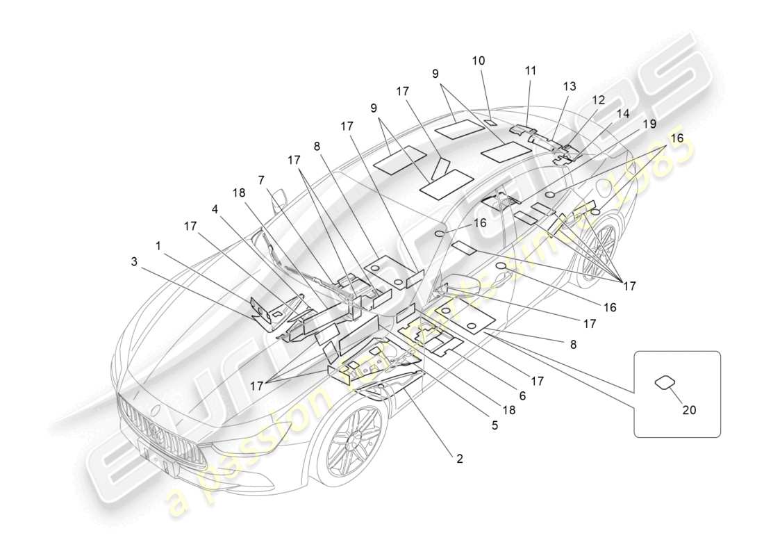 maserati ghibli (2018) schalldämmplatten im fahrzeuginnenraum teilediagramm