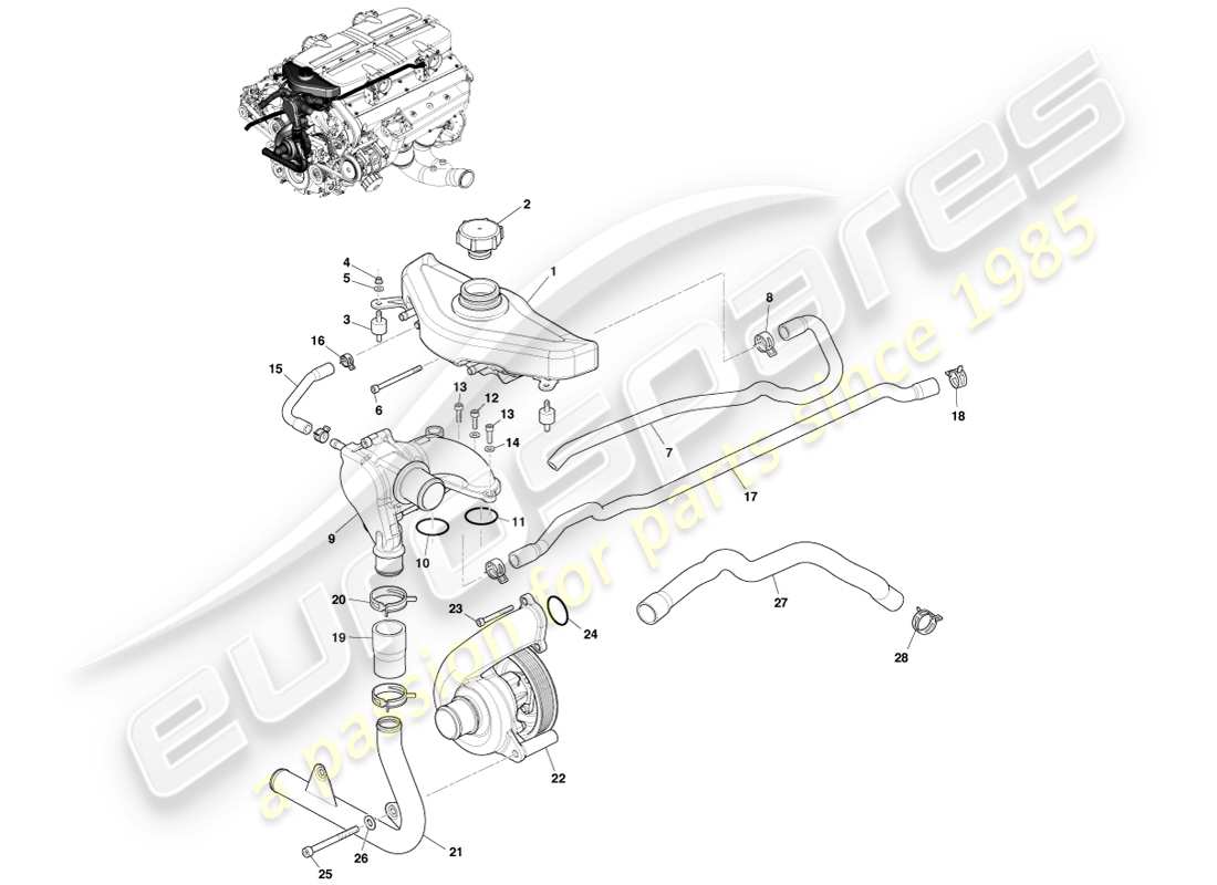 aston martin one-77 (2011) teilediagramm für ausgleichsbehälter und wasserpumpe