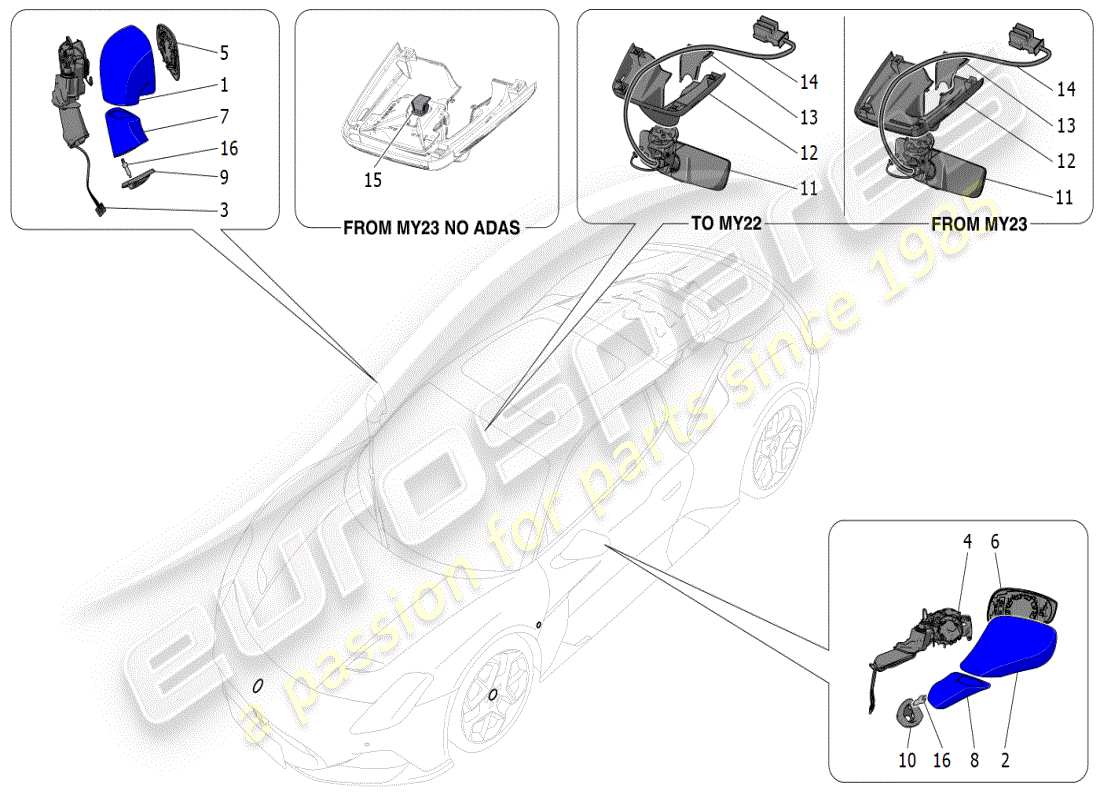 maserati mc20 (2024) innen- und aussenrückspiegel teilediagramm