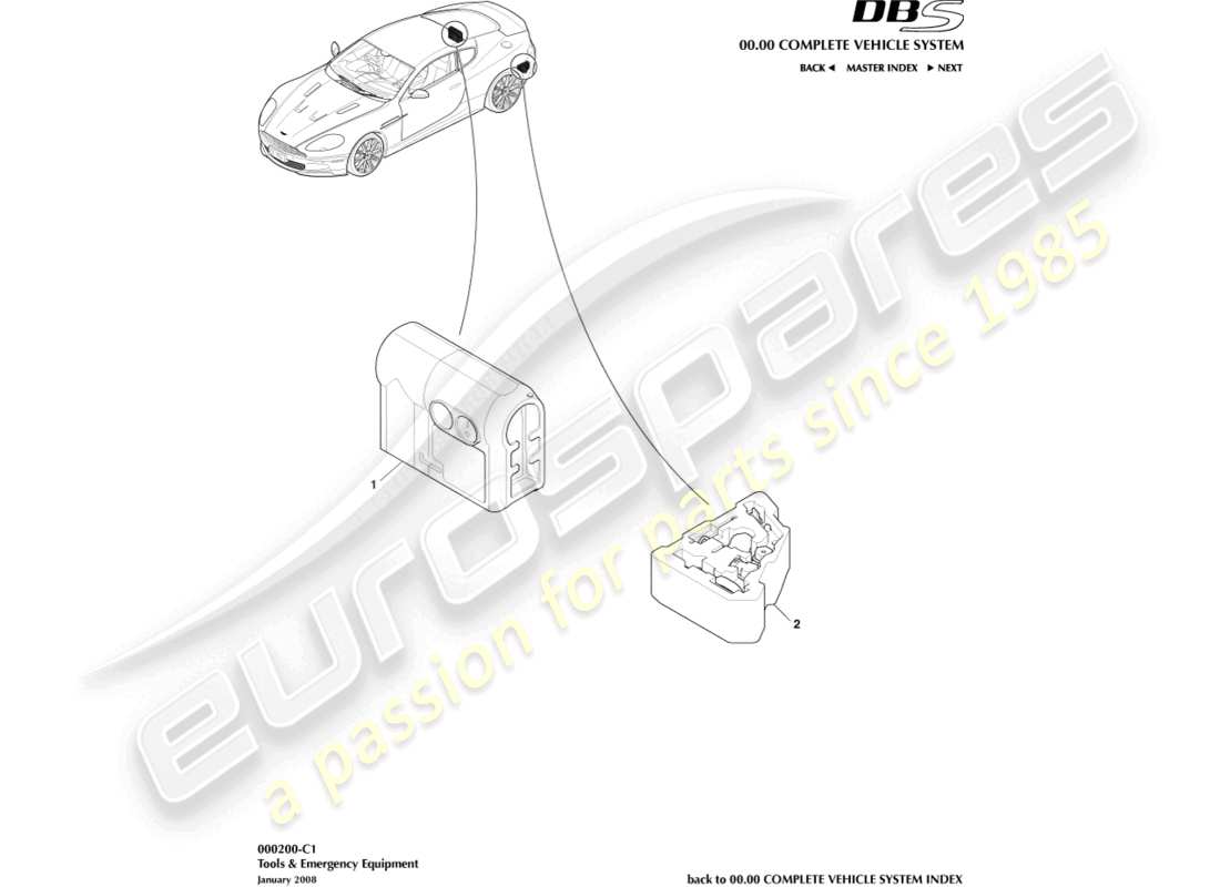 aston martin dbs (2011) teilediagramm für notfallausrüstung