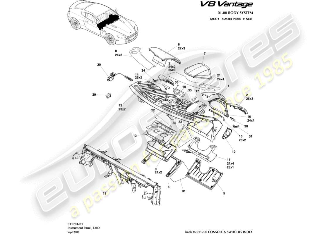 eine teilezeichnung aus dem aston martin v8 vantage (2011) teilekatalog