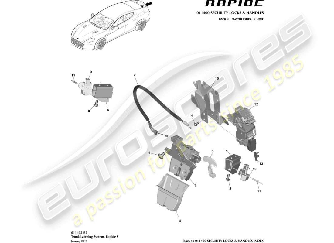 aston martin rapide (2011) kofferraumverriegelungssystem, s-teilediagramm