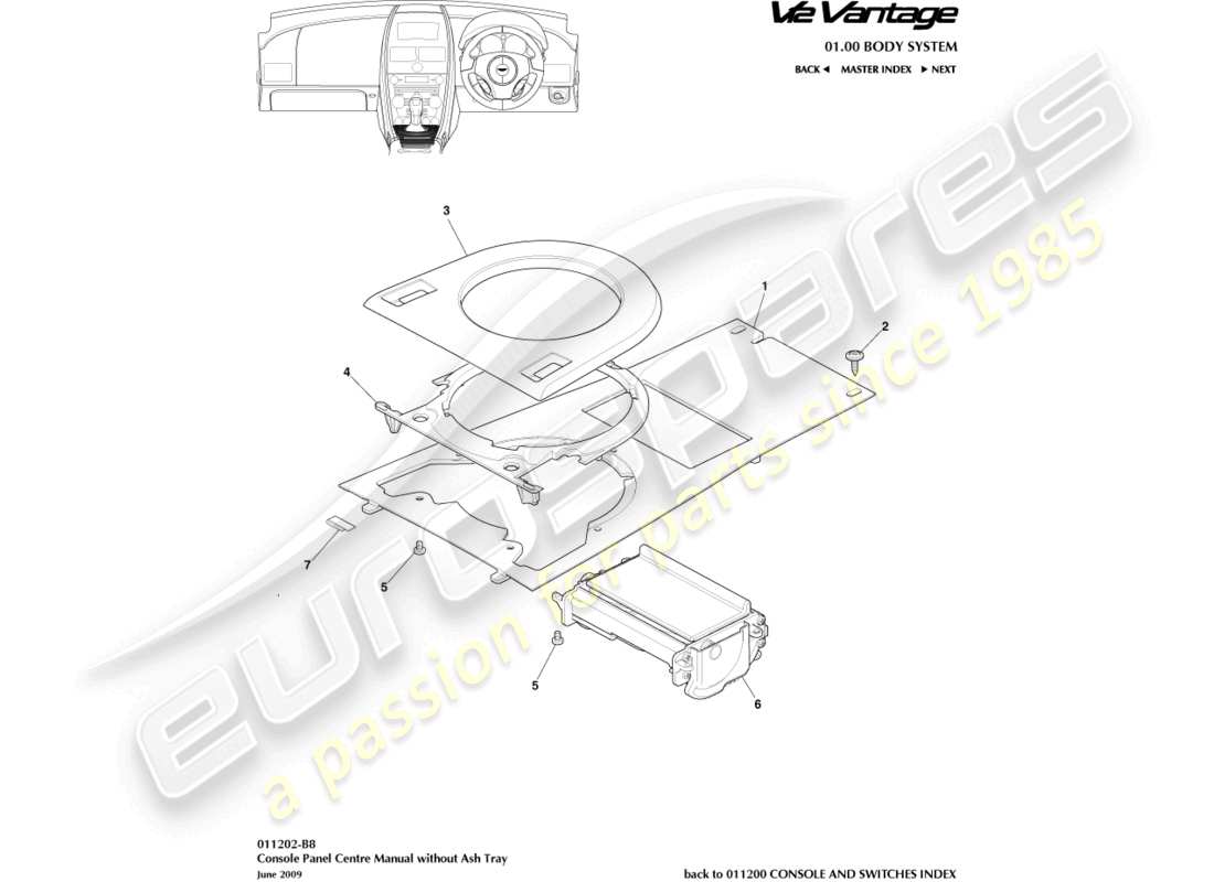 aston martin v12 vantage (2012) vordere konsole, ohne aschenbecher, teilediagramm