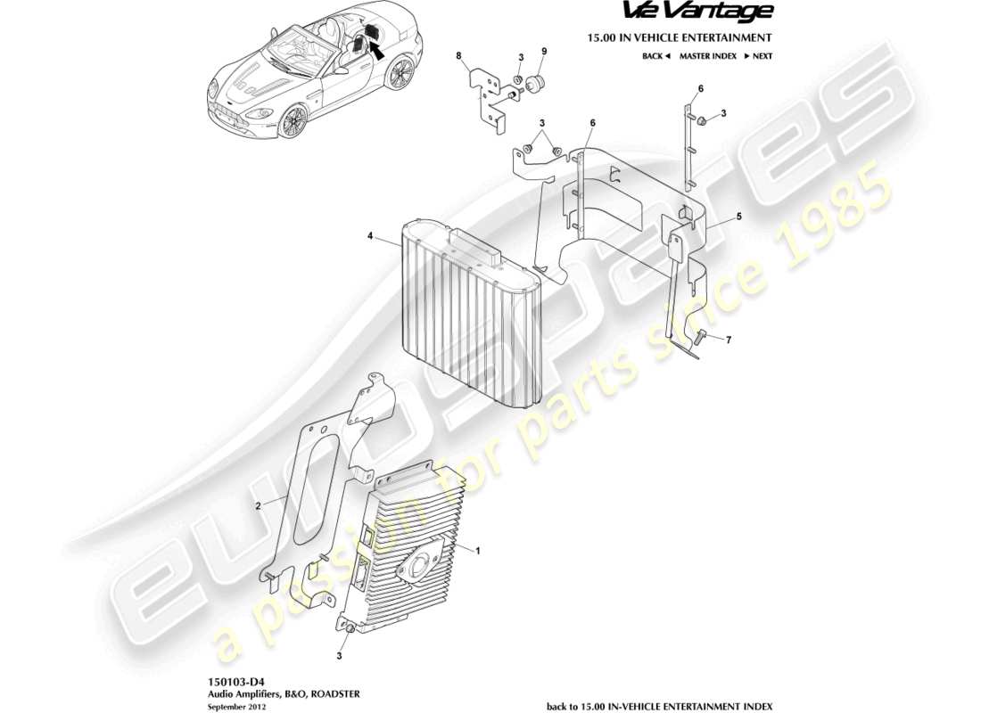 aston martin v12 vantage (2011) b&o-verstärker, roadster-teilediagramm