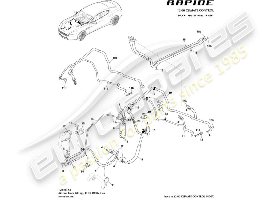 aston martin rapide (2018) klimaanlagenleitungen, r134a, rhd-ersatzteildiagramm