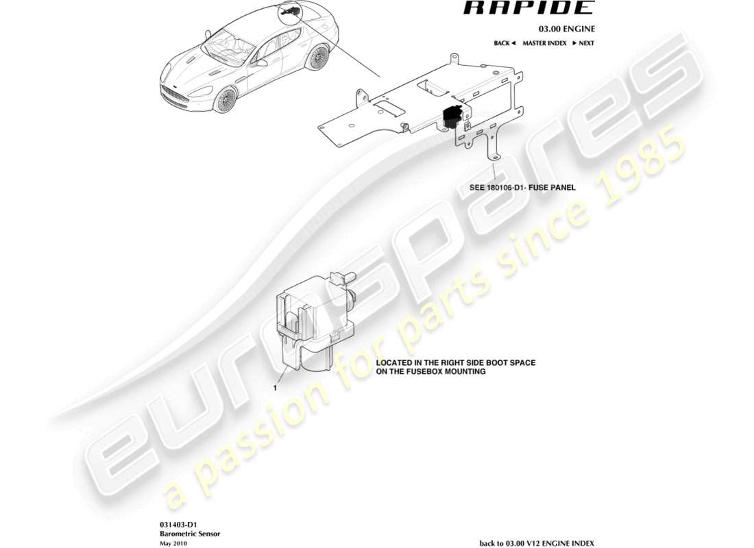 aston martin rapide (2016) teilediagramm des barometrischen sensors