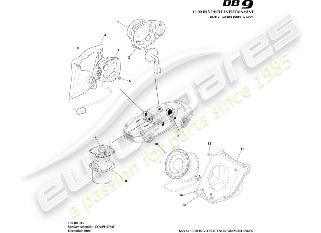 aston martin db9 (2005) lautsprecher, 07my, coupé-teilediagramm