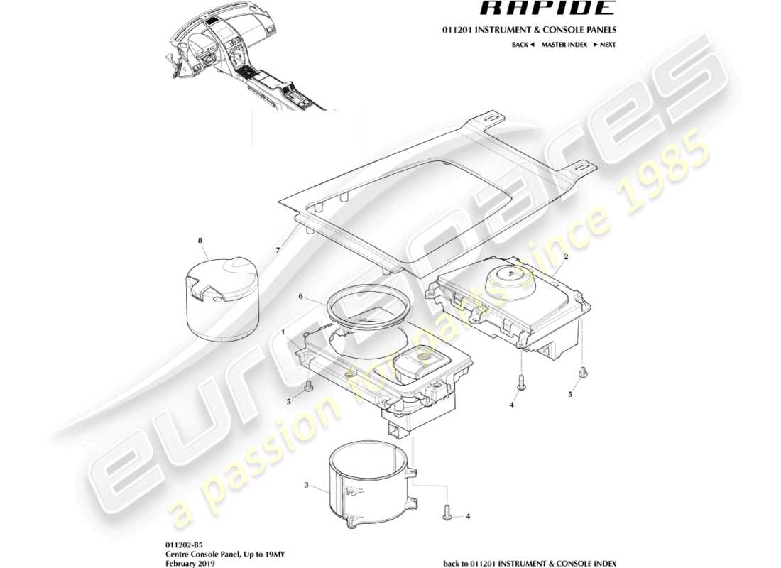 aston martin rapide (2011) teilediagramm der mittelkonsolenverkleidung