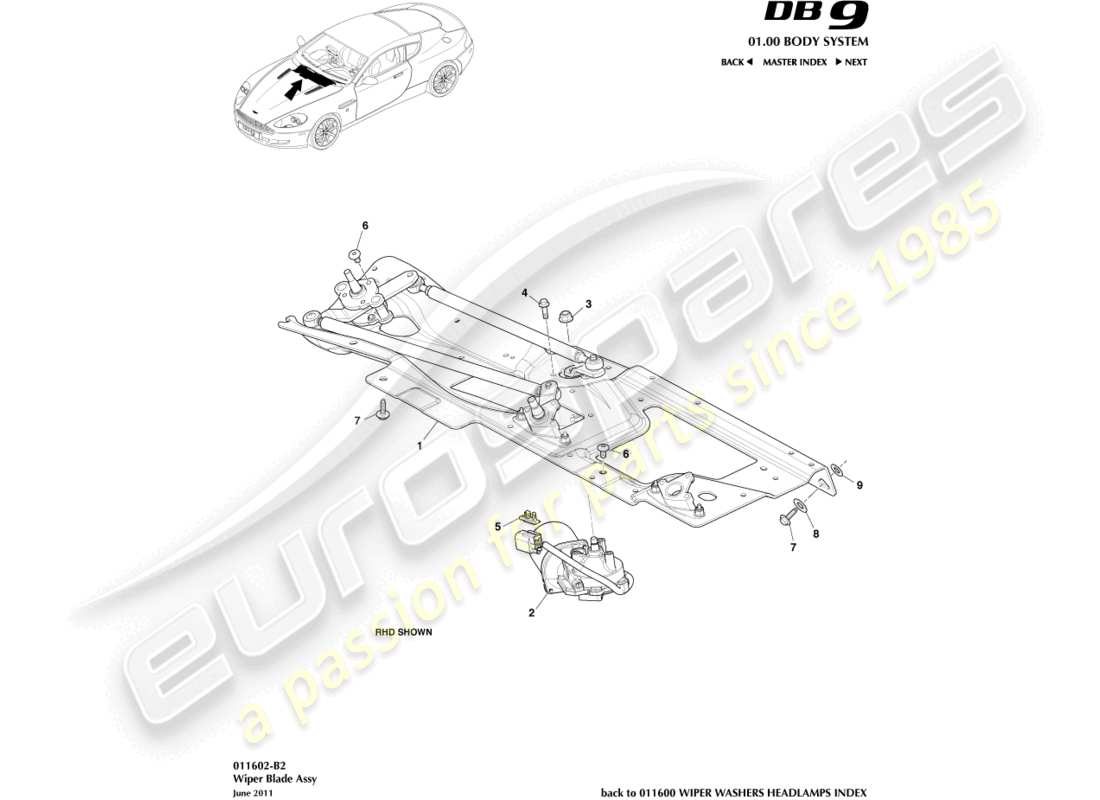 aston martin db9 (2011) wischergestängebaugruppe teilediagramm