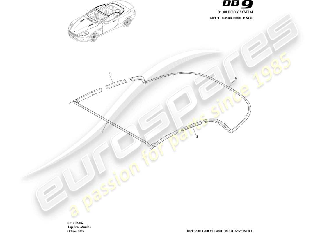 aston martin db9 (2004) teilediagramm für obere dichtungsform