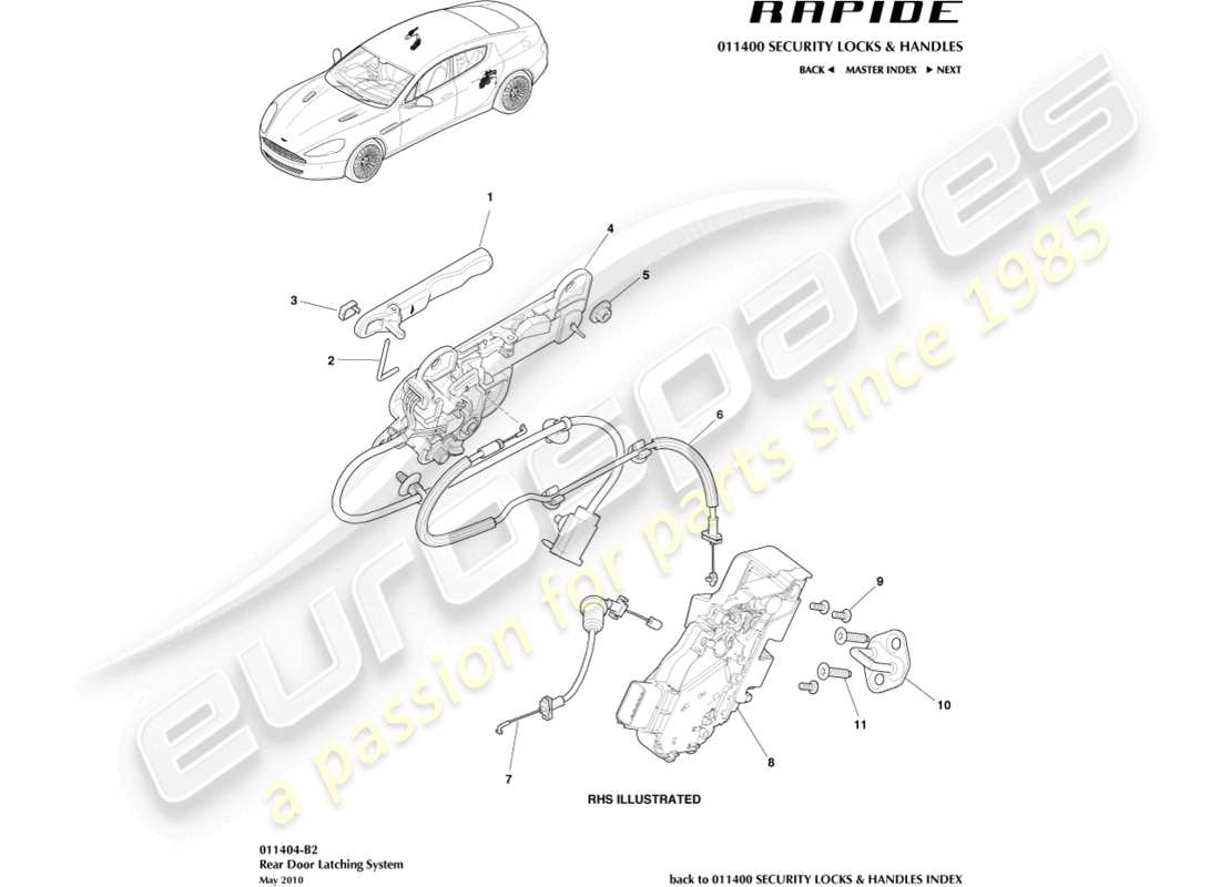 aston martin rapide (2011) teilediagramm für das hintere türschloss