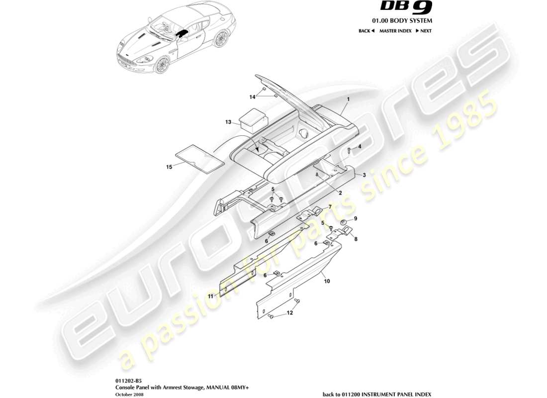 aston martin db9 (2007) mittelkonsole, handbuch, 08my teilediagramm