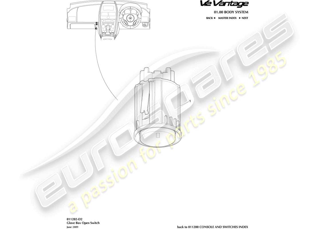 aston martin v12 vantage (2010) teilediagramm für handschuhfachschalter