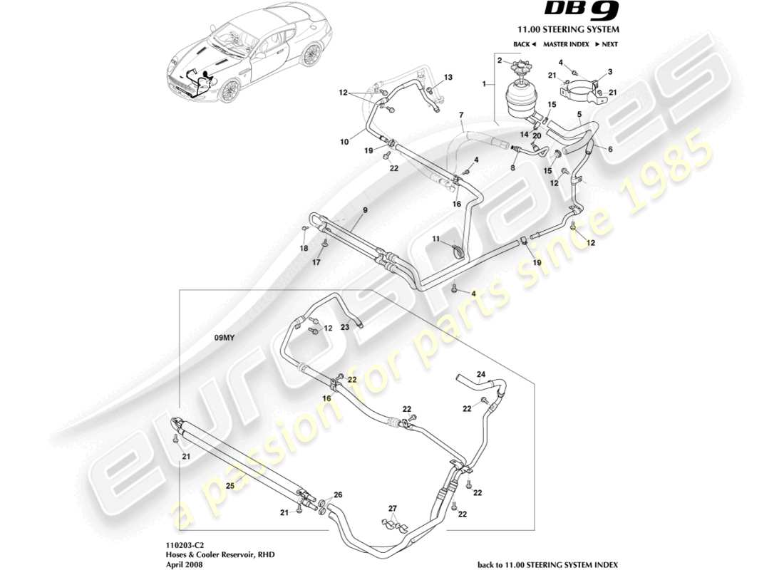 aston martin db9 (2007) kühler, schläuche und behälter, rhd-ersatzteildiagramm