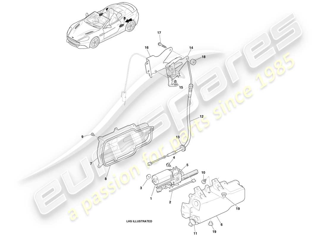 aston martin vanquish (2013) teilediagramm für tonneau-verriegelungen