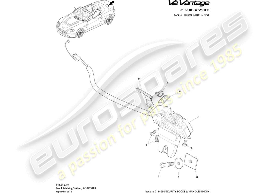 aston martin v12 vantage (2012) kofferraumverriegelungssystem, roadster, teilediagramm
