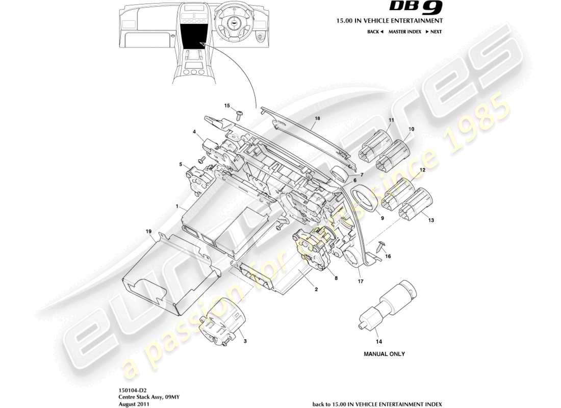 aston martin db9 (2004) mittelkonsole, 09my ersatzteildiagramm