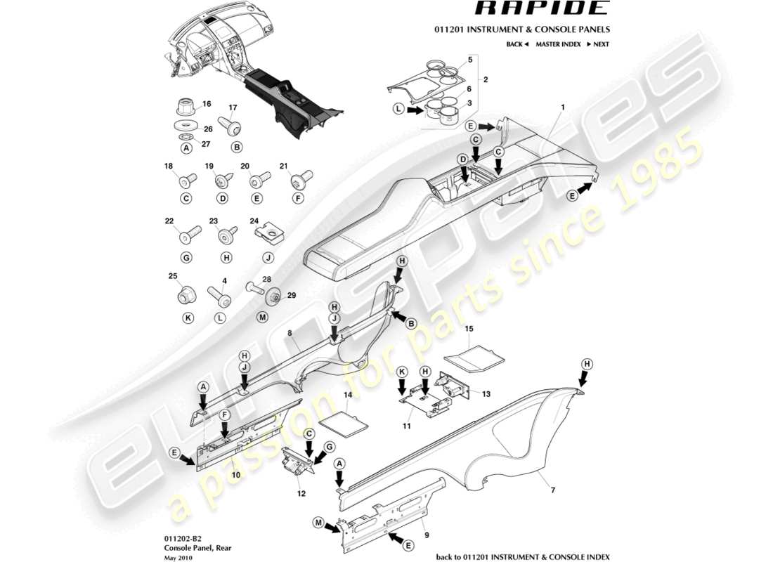 aston martin rapide (2011) teilediagramm der hinteren konsole