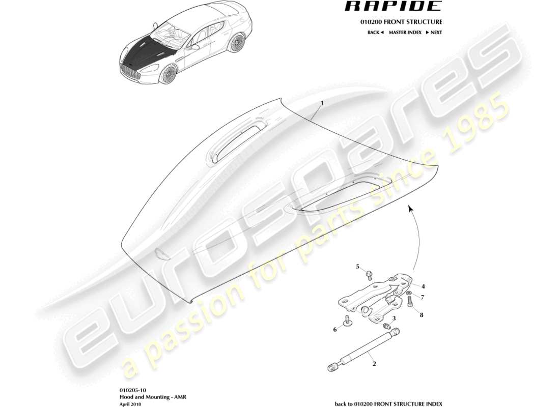 aston martin rapide (2019) motorhaube und scharniere, amr-teilediagramm