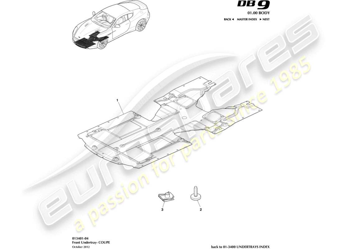 aston martin db9 (2015) vordere unterbodenabdeckung, coupé-teilediagramm