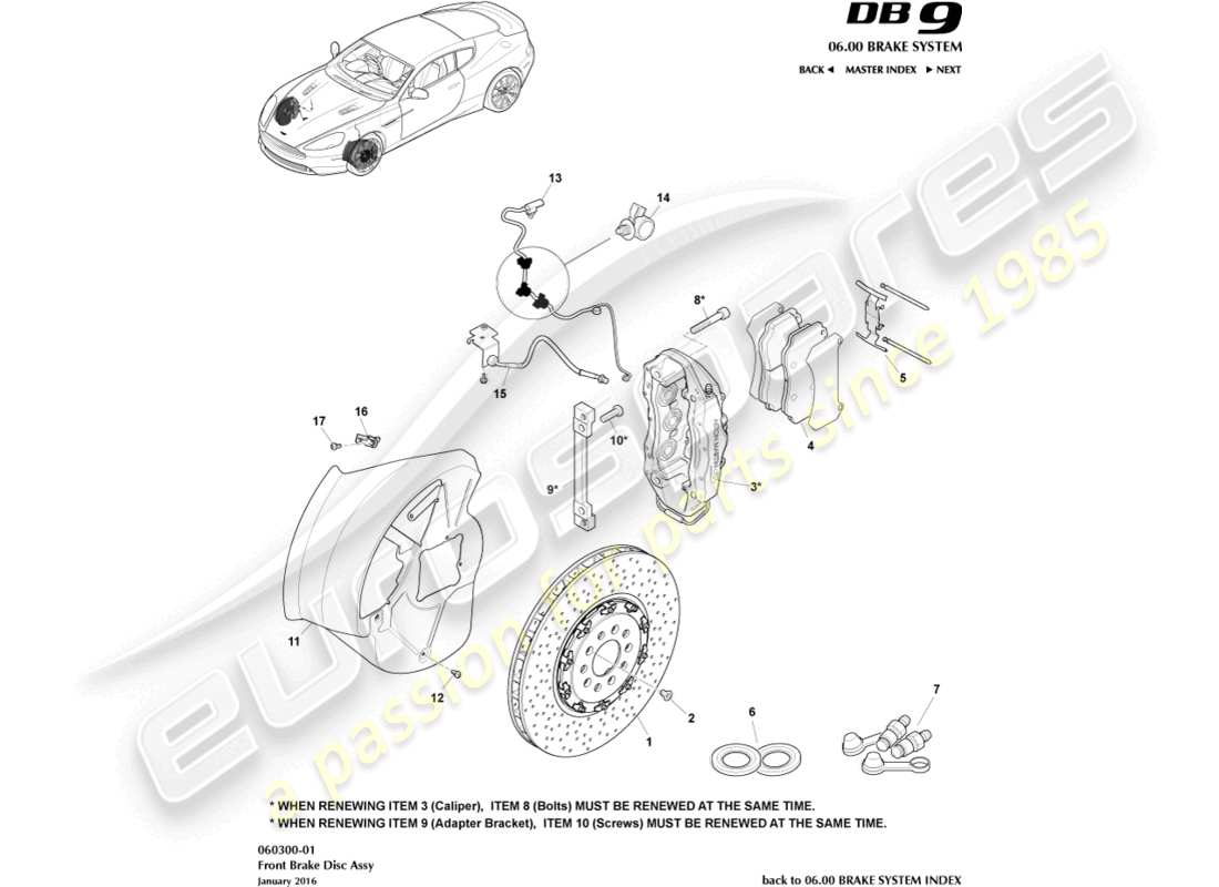 aston martin db9 (2013) teilediagramm des vorderradbremssystems