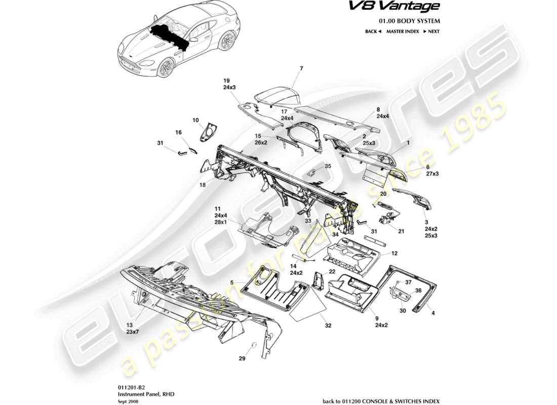 aston martin v8 vantage (2018) instrumententafel, rhd-ersatzteildiagramm
