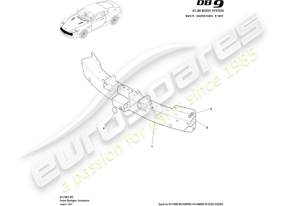 aston martin db9 (2011) anker der vorderen stoßstange teilediagramm