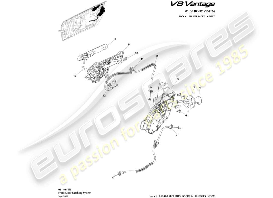 aston martin v8 vantage (2016) teilediagramm für das vordertürschloss